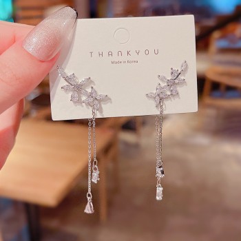 S925 silver needle Korean version new super flash zircon wing earrings women's high-end design long tassel earrings