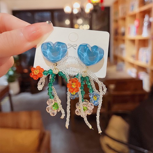 Spring and summer new love flower bow earrings lady cute style fashion beaded colorful small fresh ear jewelry