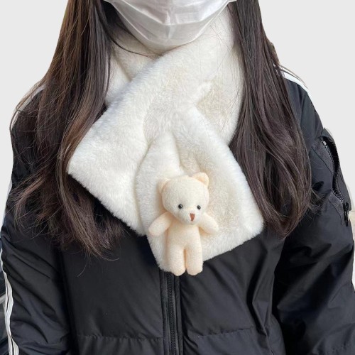 Bear scarf Korean style winter new thickened warm cute cartoon girl versatile cross white plush scarf