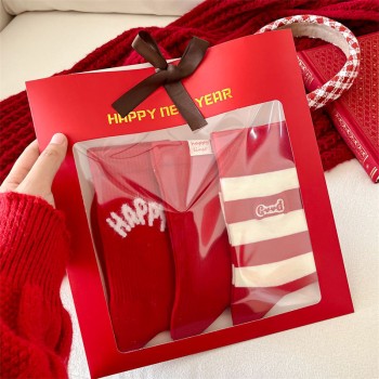 New Year's Red Socks Gift Bag Socks for Men and Women Couples Mid-Tube Socks Animal Year Sports Socks Year of the Dragon Festive