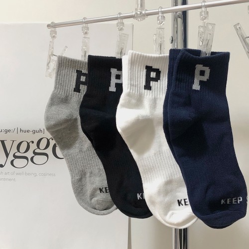 B218-W111-P18 letter P trendy sports Hong Kong style trendy men and women same style cotton socks new versatile 2023